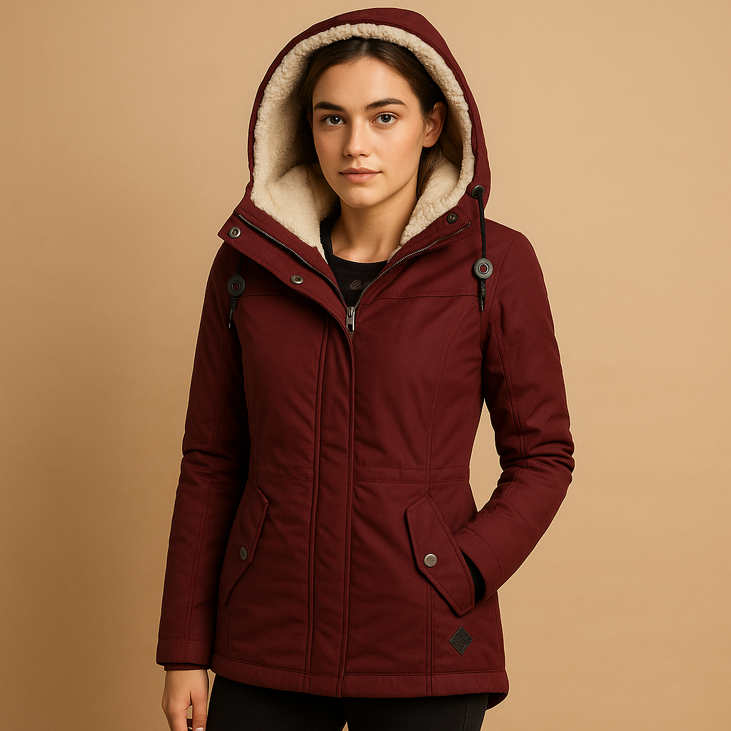 Femme portant une parka bordeaux avec capuche doublée de fourrure, sur fond beige. Mode hiver, manteau chaud, style élégant et confortable.