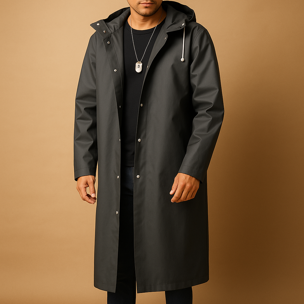 Homme portant un imperméable noir élégant avec capuche, fond beige. Mode masculine, manteau imperméable, style urbain, vêtement d'extérieur moderne.