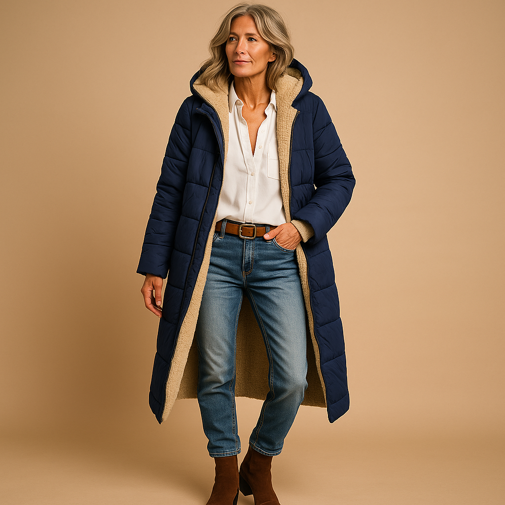 Femme portant un manteau long bleu matelassé avec doublure en laine, chemise blanche, jean et bottes marron, posant sur fond beige.