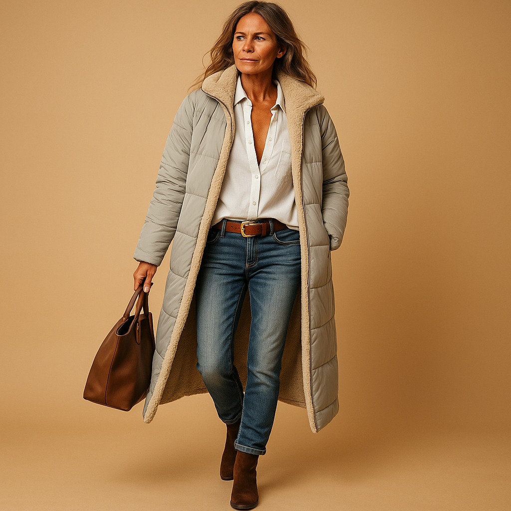 Femme portant un manteau long matelassé gris, chemise blanche, jean bleu, bottines marron, sac à main en cuir marron, fond beige.