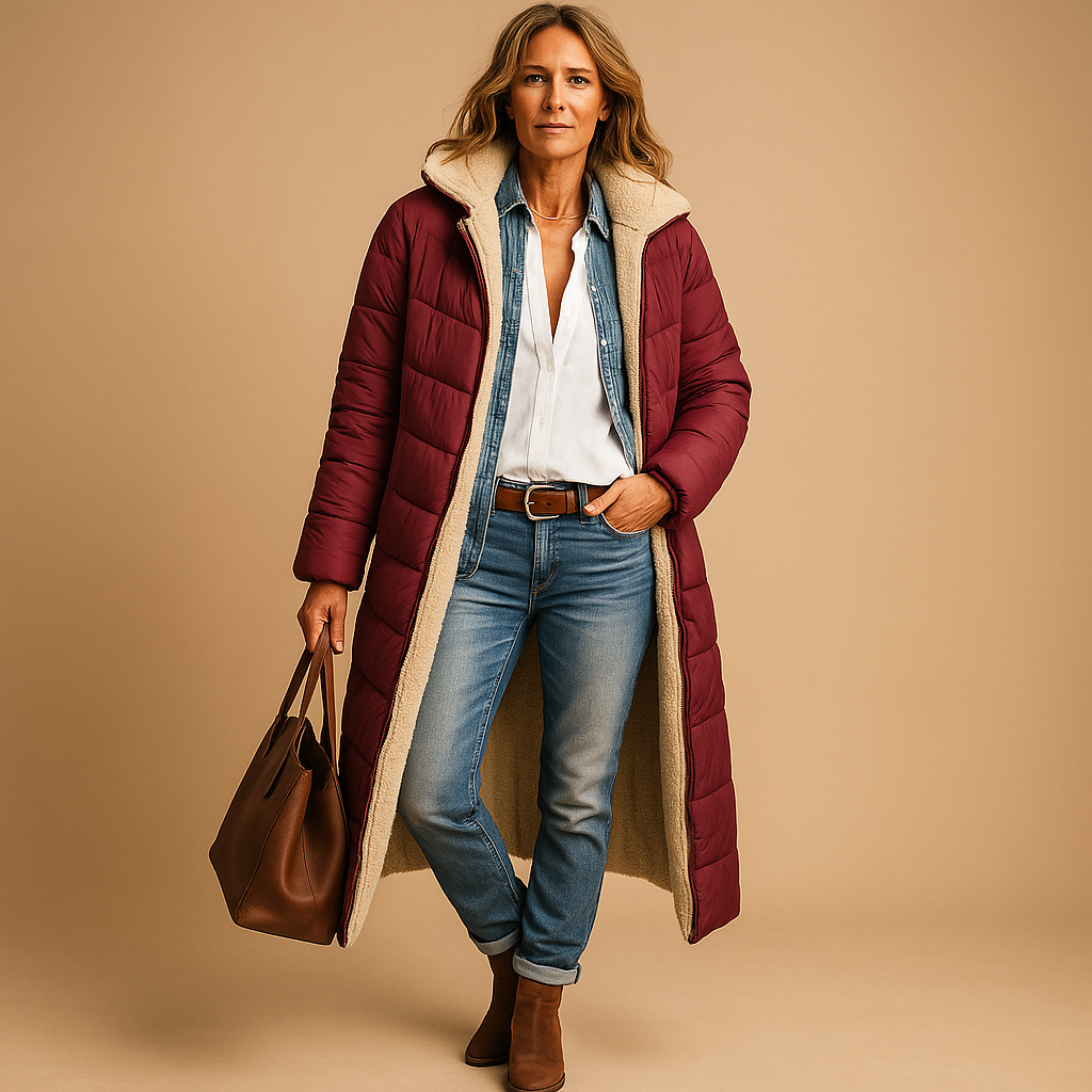 Femme portant un manteau long bordeaux, chemise blanche, jean bleu, bottines marron, sac en cuir, posant sur fond beige. Mode automne-hiver élégante.