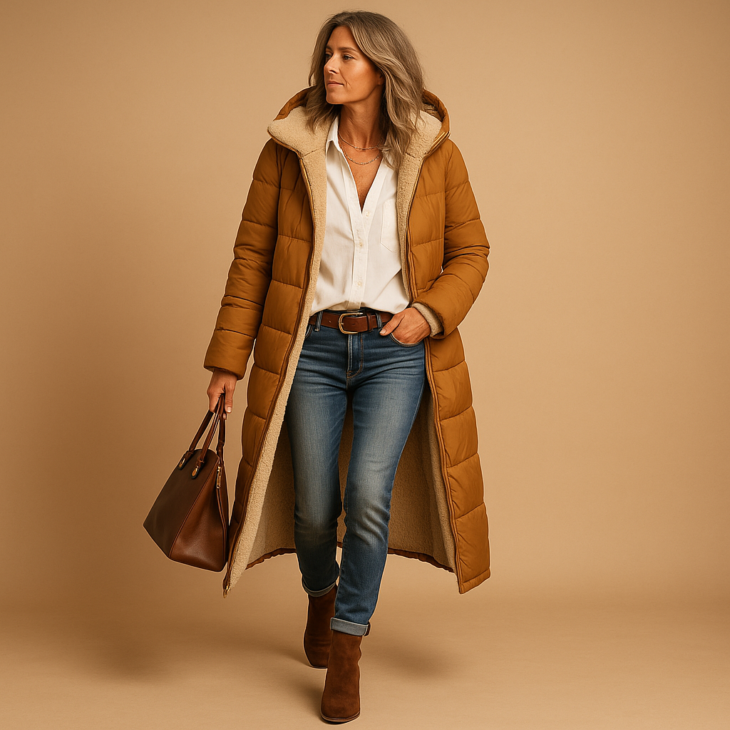 Femme portant un manteau long matelassé marron, chemise blanche, jean bleu et bottines marron, tenant un sac à main en cuir, fond beige.