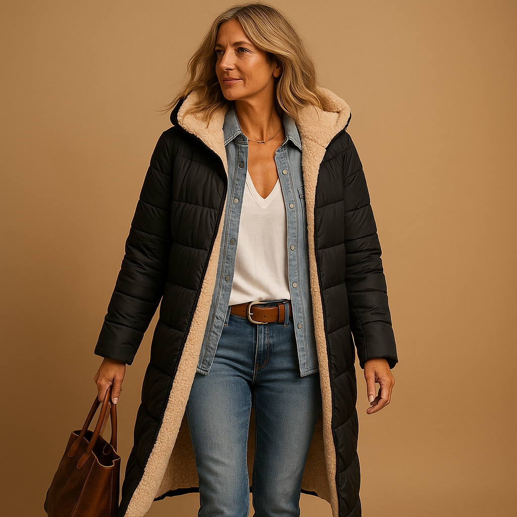Femme portant un manteau long noir matelassé avec doublure en fourrure, chemise en jean, et sac en cuir marron. Mode hiver élégante et confortable.