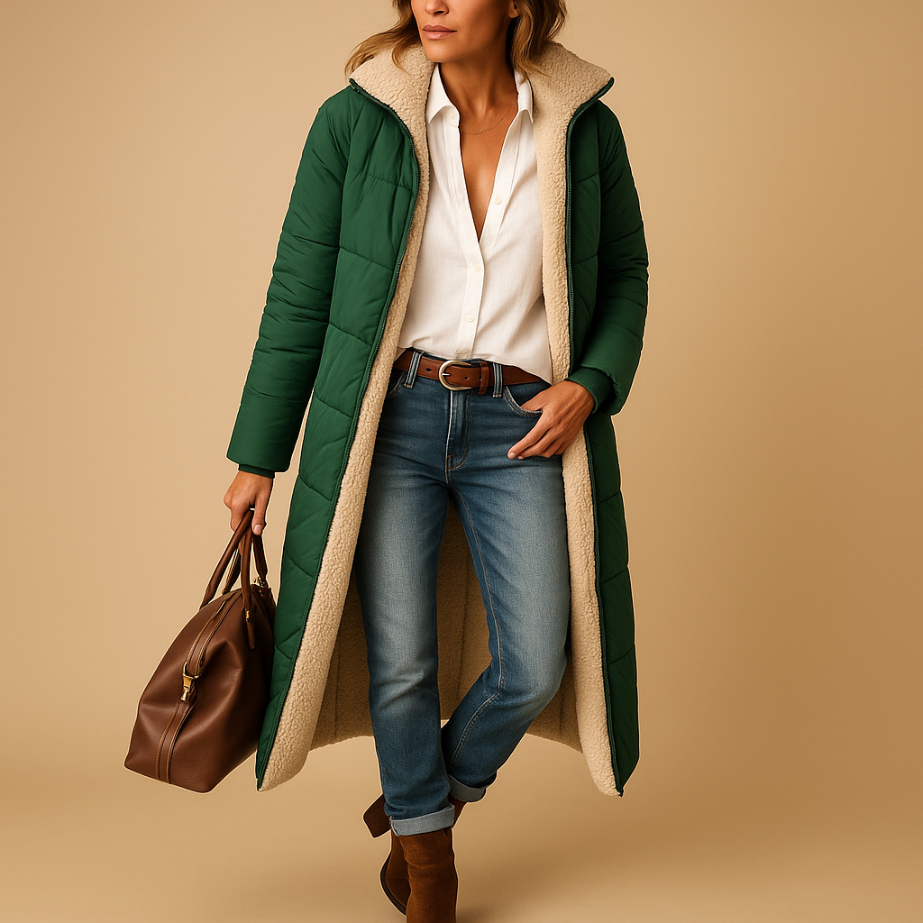 Femme portant un manteau long vert avec doublure en laine, chemise blanche, jean bleu, bottines marron, tenant un sac en cuir. Mode automne-hiver élégante.