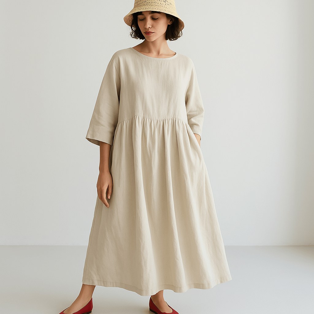 Robe longue beige en lin, manches trois-quarts, portée par une femme avec chapeau en paille et chaussures rouges. Mode minimaliste élégante.