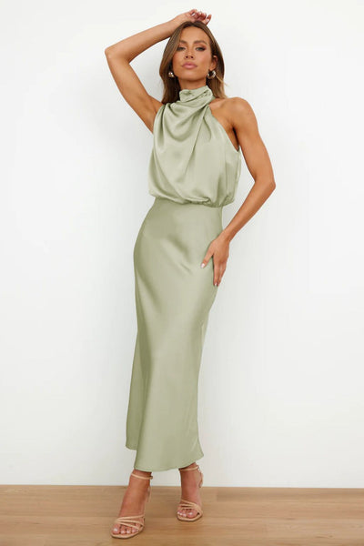 Vestido largo de satén | Verde salvia | Cuello drapeado elegante
