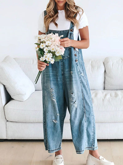 Salopette Large en Jean | Effet Usé | Style Décontracté et Vintage