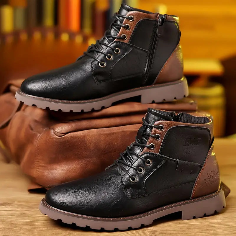 Bottes en cuir noir et marron pour homme, style randonnée, posées sur un sac en cuir marron, fond en bois. Chaussures robustes et élégantes.