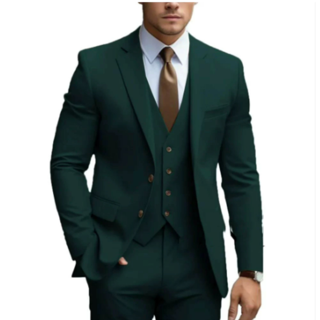 Homme en costume vert foncé élégant, cravate marron, chemise blanche, montre-bracelet, mode masculine, tenue formelle, style moderne.
