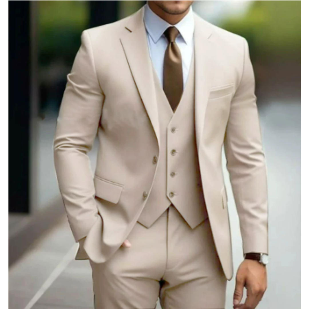 León | Traje de tres piezas para hombre con chaqueta de dos botones: moderno, elegante y versátil.