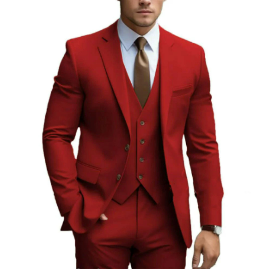 Homme en costume rouge élégant avec cravate marron et chemise blanche, mode masculine, tenue formelle, style moderne, vêtements de luxe.