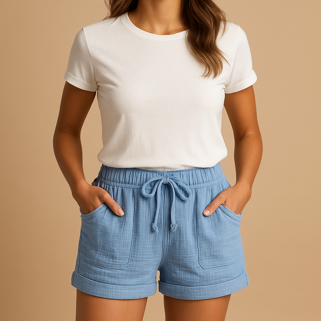 Femme portant un t-shirt blanc et un short bleu en coton avec poches, sur fond beige. Mode décontractée, tenue estivale, style confortable.