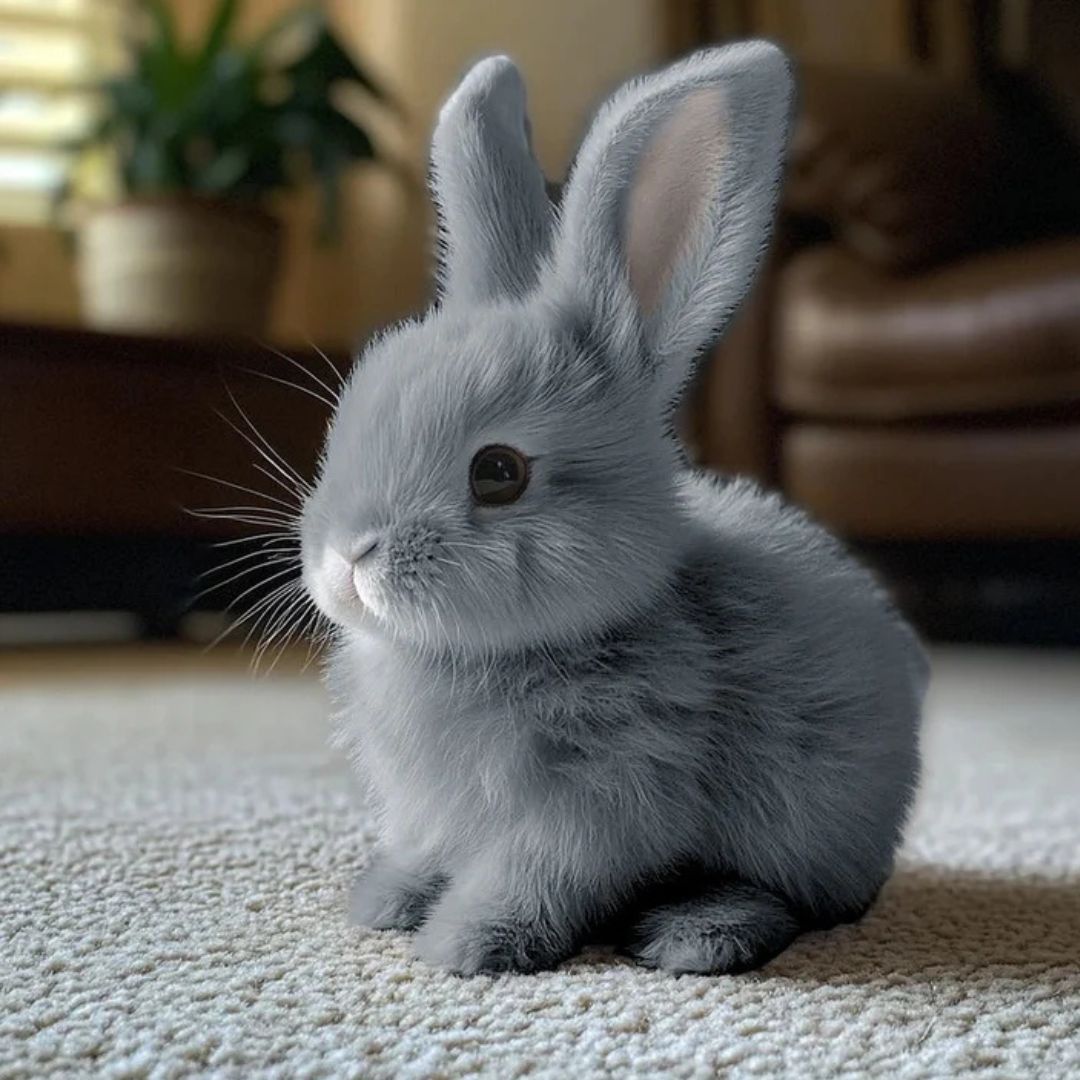 Jeune lapin gris assis sur un tapis blanc, avec des oreilles dressées et un regard curieux, dans un salon lumineux avec plante en arrière-plan.