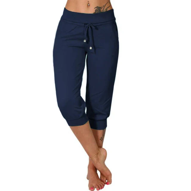 Pantalon capri bleu marine pour femme, taille élastique avec cordon, poches latérales, coupe décontractée, idéal pour le sport et les loisirs.