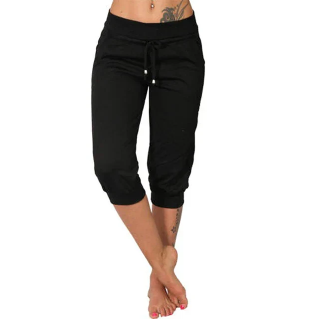 Pantalon capri noir pour femme, taille élastique avec cordon, coupe décontractée, idéal pour le sport ou détente.