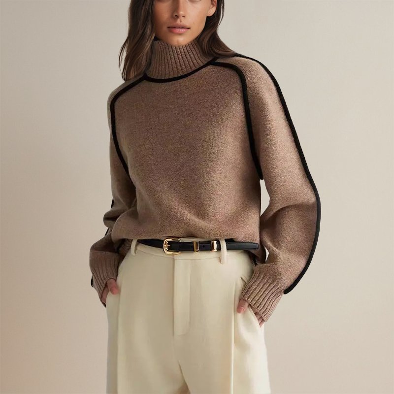 Femme portant un pull col roulé marron avec bordures noires, pantalon beige taille haute, ceinture noire. Mode automne-hiver élégante et chic.