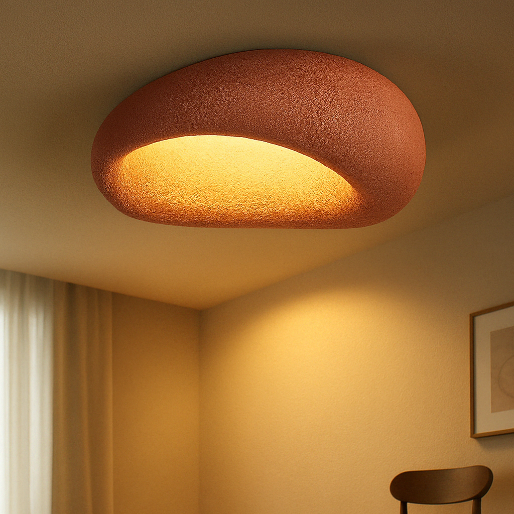 Plafonnier moderne en forme de dôme, couleur terre cuite, éclairant une pièce minimaliste avec des murs beiges et un cadre mural discret.