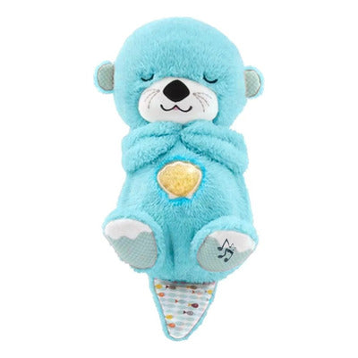 Peluche loutre bleue musicale pour bébé, douce et apaisante, avec cœur lumineux et queue à motifs. Jouet d'éveil idéal pour nouveau-né.