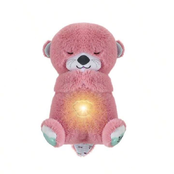 Peluche loutre rose avec lumière apaisante sur le ventre, yeux fermés, idéale pour bébé, jouet doux et réconfortant pour sommeil paisible.