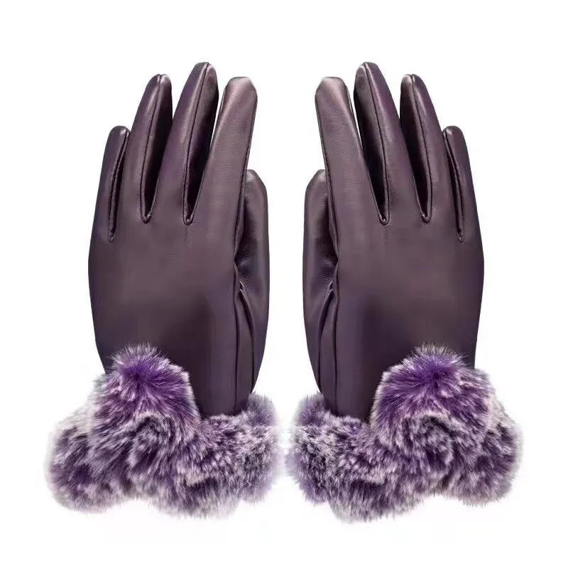 Gants en cuir violet avec doublure en fourrure synthétique violette, élégants et chauds, parfaits pour l'hiver et la mode féminine.