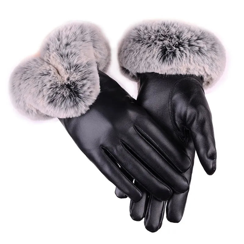 Gants en cuir noir avec doublure en fourrure grise, élégants et chauds, parfaits pour l'hiver. Accessoire mode femme, luxe et confort.