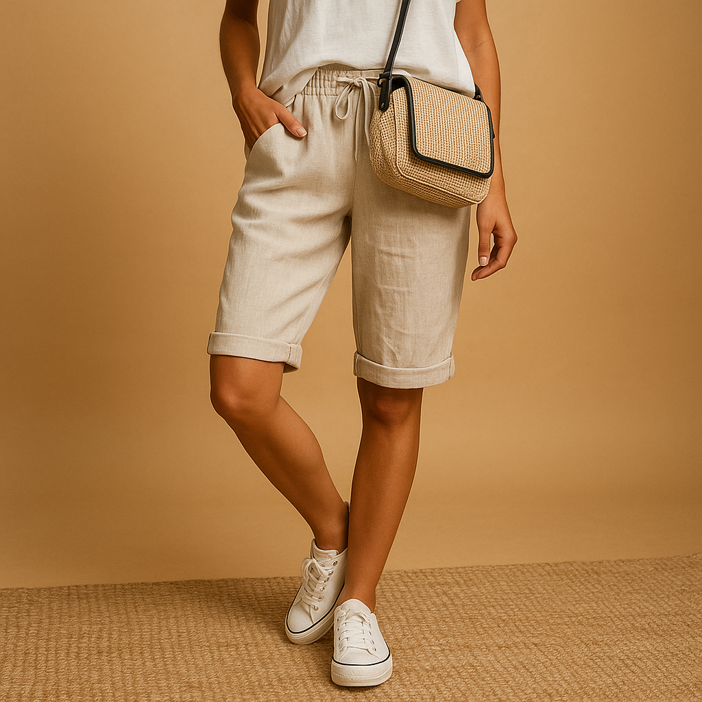 Femme en short beige et t-shirt blanc, portant un sac à bandoulière en osier, posant sur fond beige. Mode estivale décontractée, chaussures blanches.