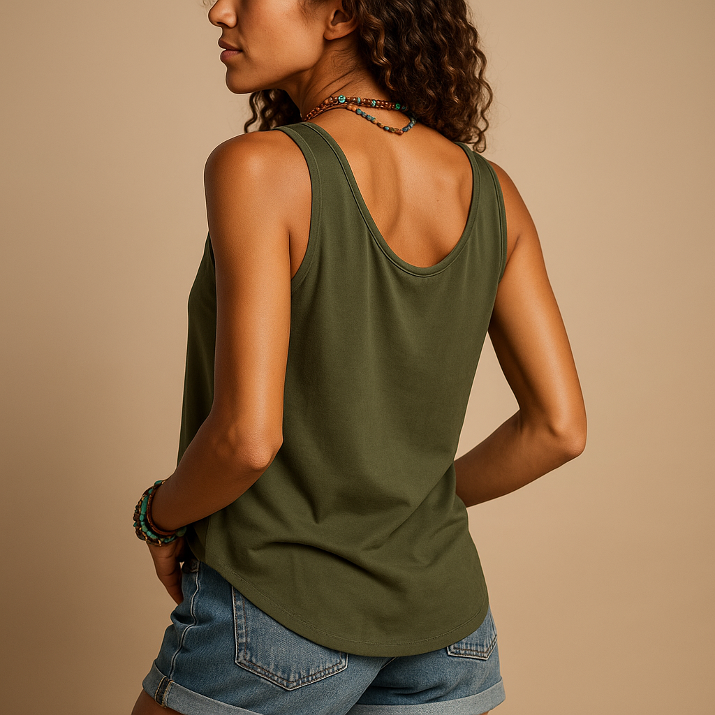 Femme de dos portant un débardeur vert olive et un short en jean, accessoires en perles colorées, fond beige. Mode décontractée, style estival.