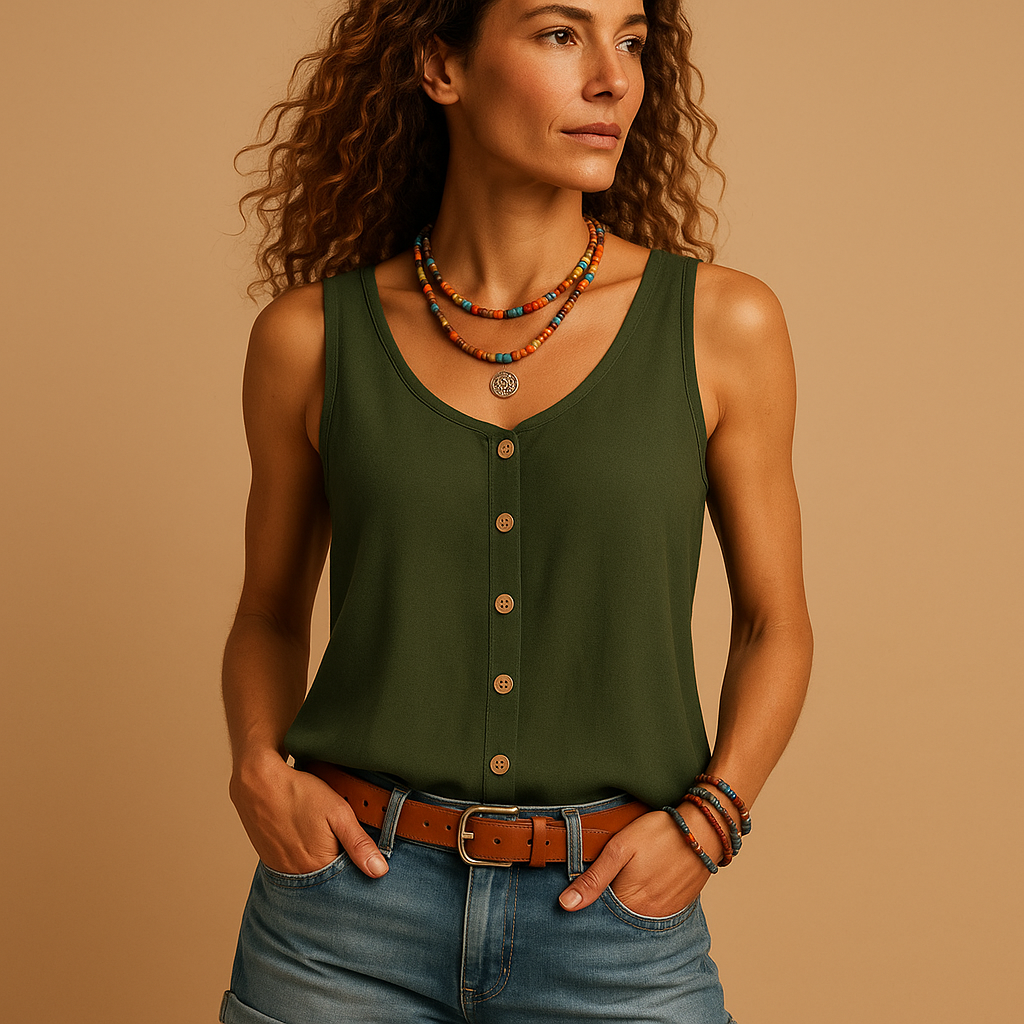 Femme portant un débardeur vert avec boutons, collier coloré, ceinture marron et jean. Mode décontractée, style estival, accessoires tendance.