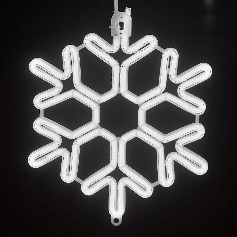 Flocon de neige lumineux LED blanc suspendu, décoration de Noël moderne, éclairage festif intérieur, design géométrique élégant.