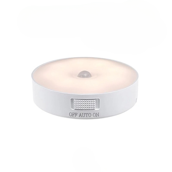 Lampe LED ronde blanche avec capteur de mouvement, interrupteur OFF/AUTO/ON, éclairage doux, idéale pour éclairage intérieur, économie d'énergie.