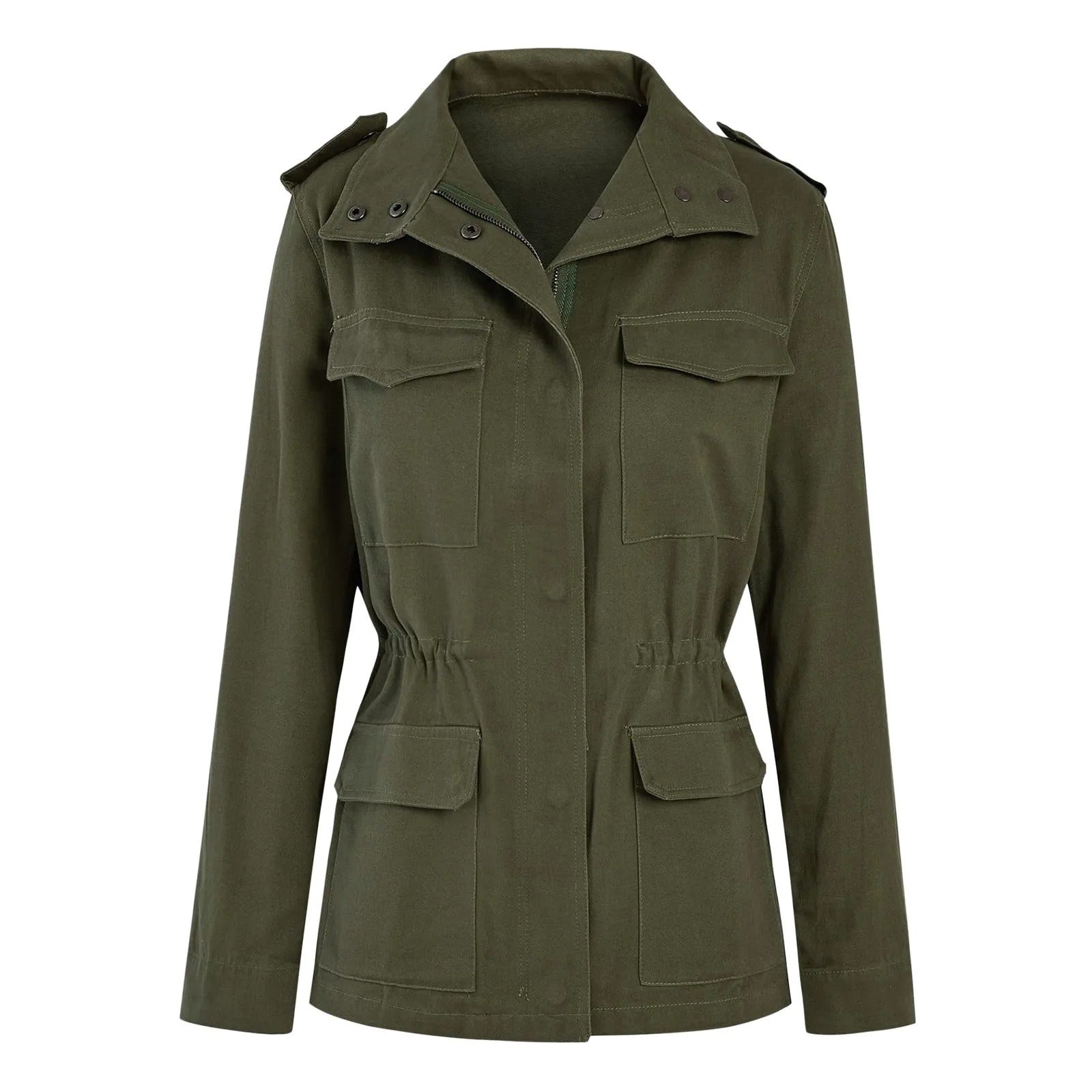 Veste militaire verte pour femme avec poches avant, col montant et épaulettes. Style utilitaire, tendance mode automne-hiver.