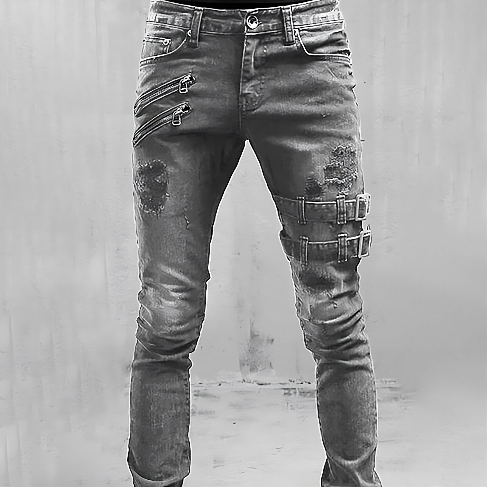 Jean gris déchiré avec fermetures éclair et boucles, style urbain moderne. Pantalon tendance pour homme, mode streetwear.