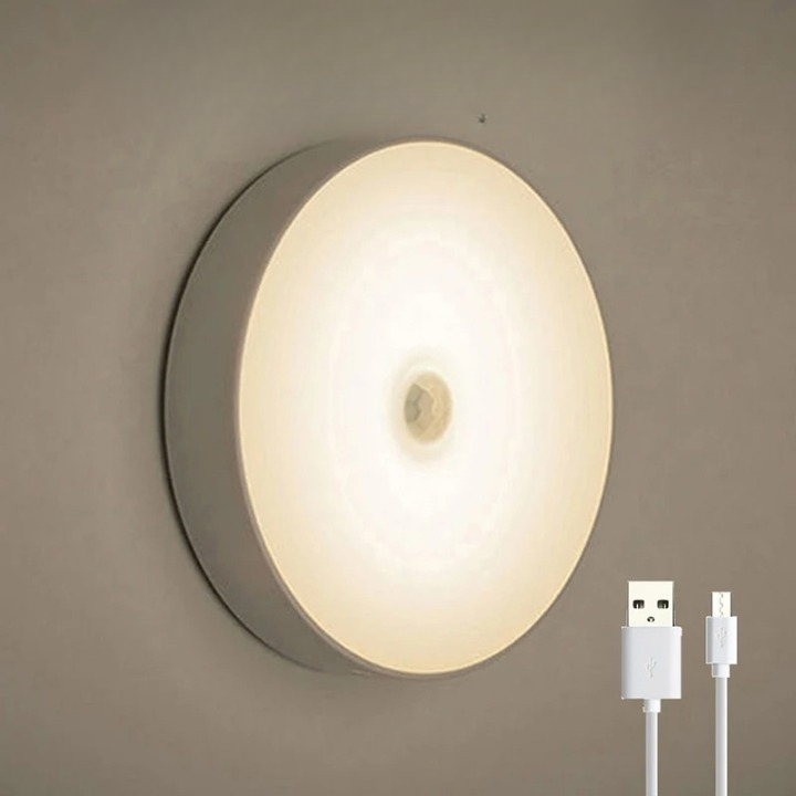 Lampe murale LED ronde avec capteur de mouvement, lumière blanche chaude, câble USB inclus, éclairage intérieur moderne et économe en énergie.