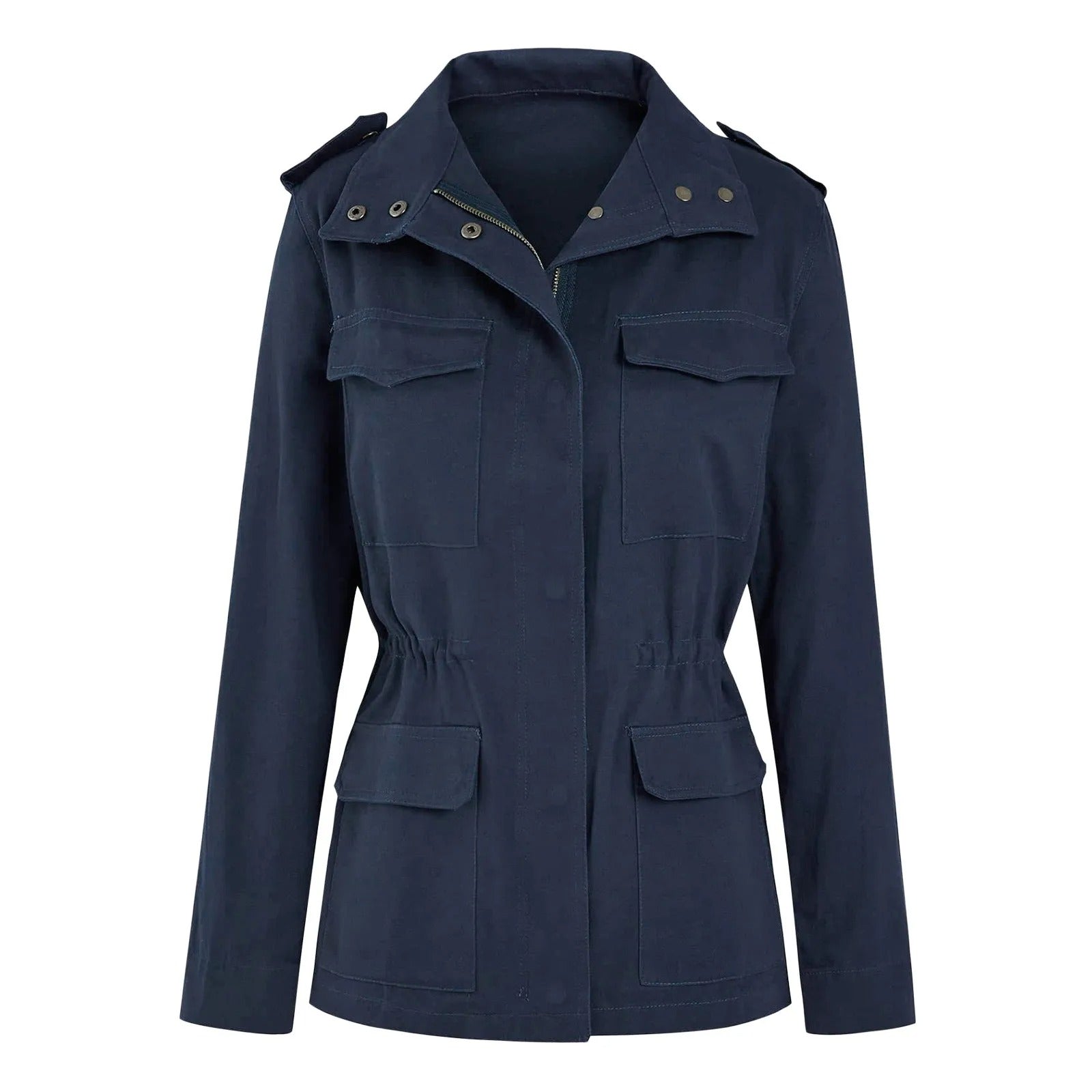 Veste militaire bleu marine pour femme avec poches à rabat, col montant et boutons pression. Mode féminine, style utilitaire, tendance automne.