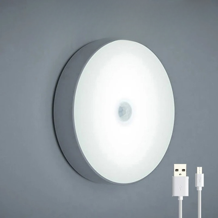 Lampe murale LED ronde avec capteur de mouvement, lumière blanche, design moderne, recharge USB incluse, éclairage intérieur éco-énergétique.