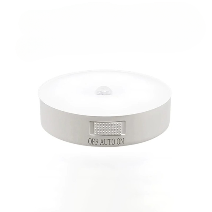Détecteur de mouvement LED blanc, circulaire, avec interrupteur OFF/AUTO/ON. Éclairage automatique pour sécurité intérieure. Économie d'énergie.