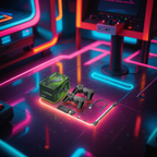 Boîte de console de jeu rétro avec manettes et câbles sur fond néon futuriste, ambiance arcade. Accessoires gaming vintage, style années 80.