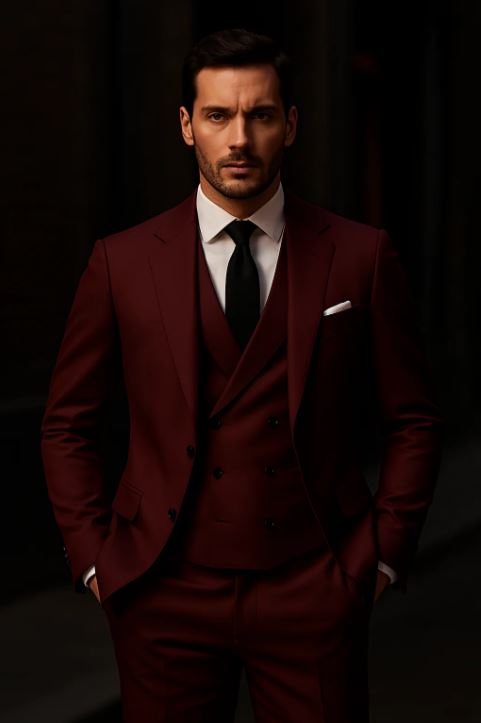 Homme en costume bordeaux élégant, cravate noire, pose confiante. Mode masculine, style formel, tendance vestimentaire, sophistication urbaine.
