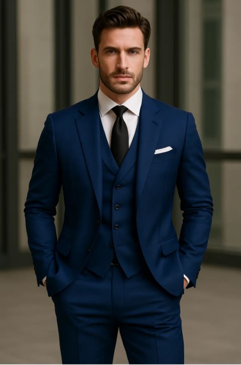 Homme en costume bleu marine élégant, cravate noire, chemise blanche, posant devant un bâtiment moderne. Mode masculine, style professionnel.