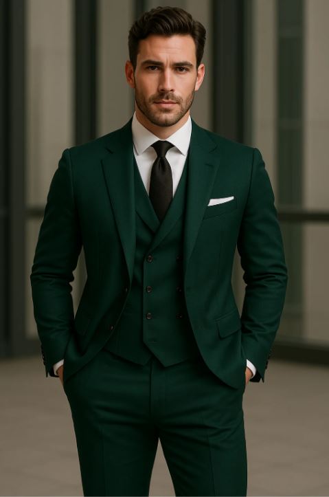 Homme en costume vert foncé élégant, cravate noire, posant devant un bâtiment moderne. Mode masculine, style professionnel, tenue formelle.