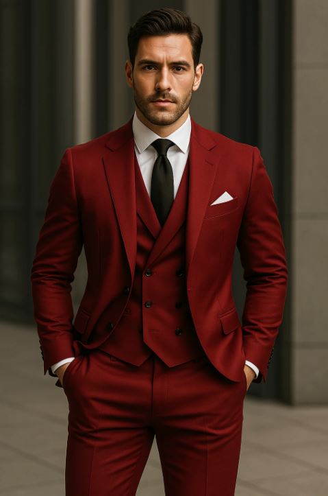 Homme en costume trois pièces rouge élégant, cravate noire, chemise blanche, debout devant un bâtiment moderne. Mode masculine, style formel.
