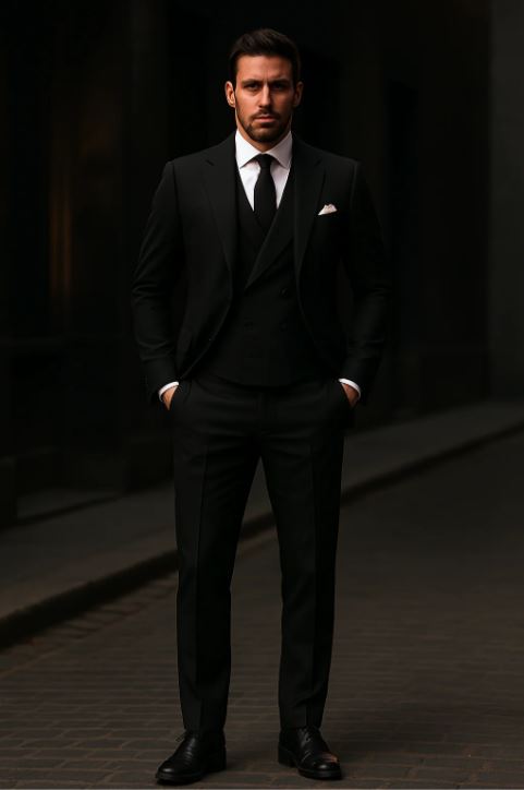 Homme en costume noir élégant, cravate assortie, debout dans une rue sombre. Mode masculine, style formel, tenue de soirée chic.