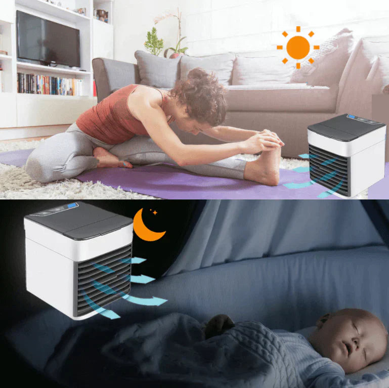Femme faisant du yoga près d'un mini climatiseur portable; bébé dormant paisiblement avec le climatiseur. Refroidissement efficace jour et nuit.