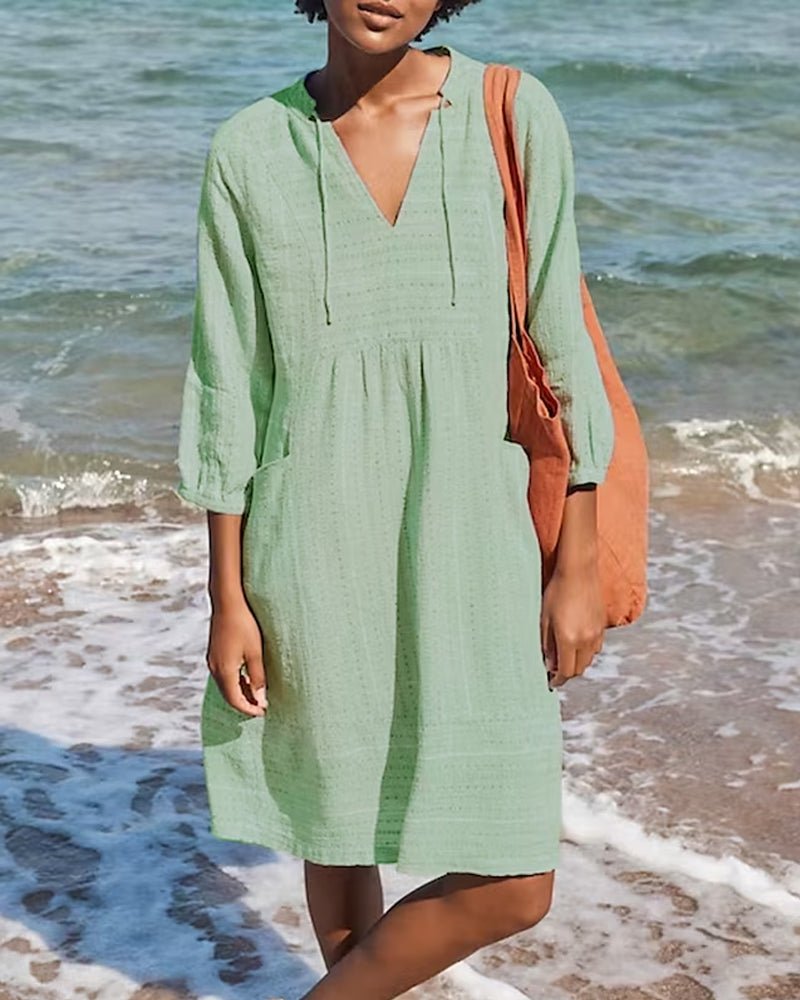 Vestido de playa para mujer - Cuello en V - Mangas tres cuartos - Material ligero y transpirable