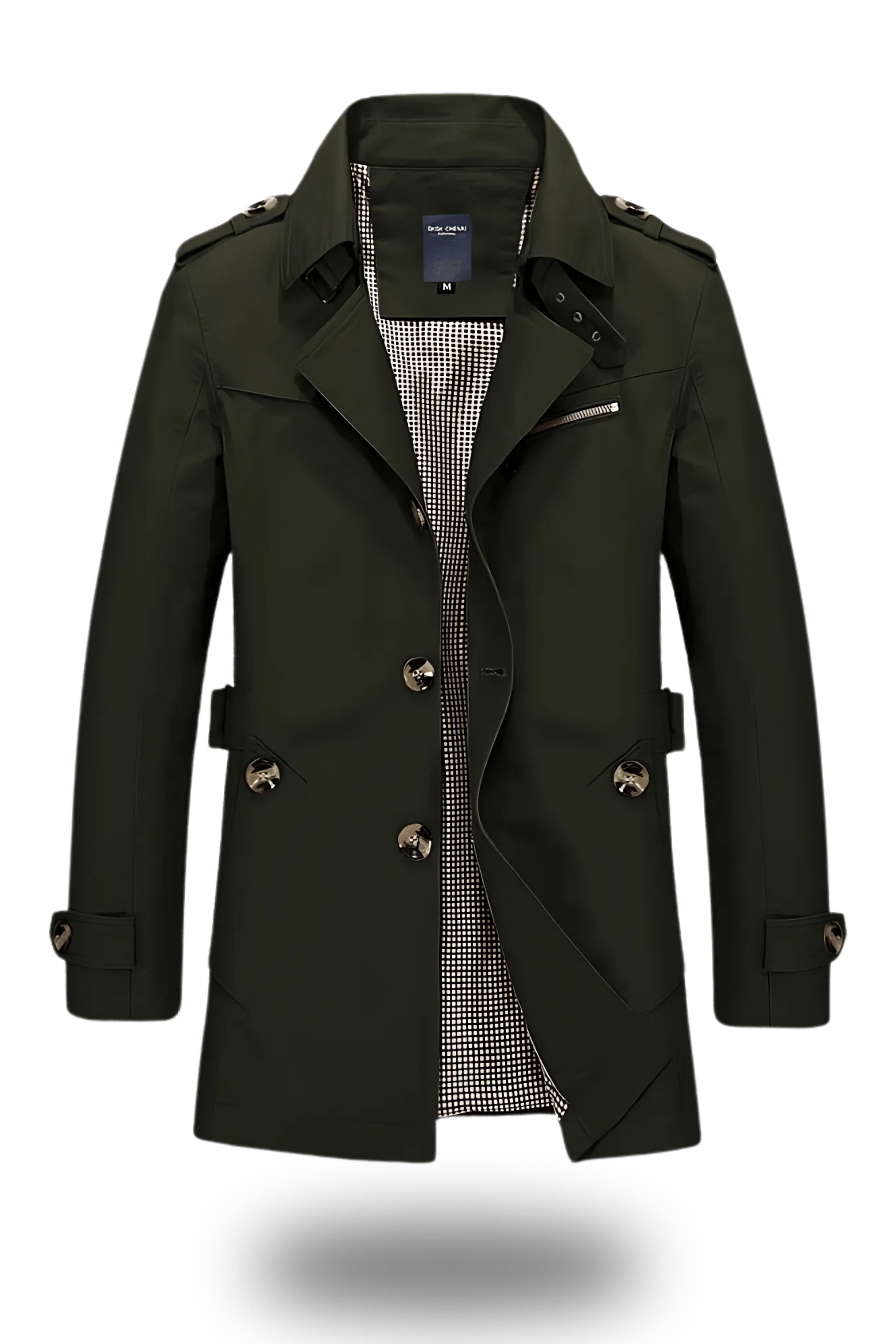 Manteau trench-coat homme vert foncé, double boutonnage, col rabattu, doublure à carreaux, style élégant et moderne, mode automne-hiver.