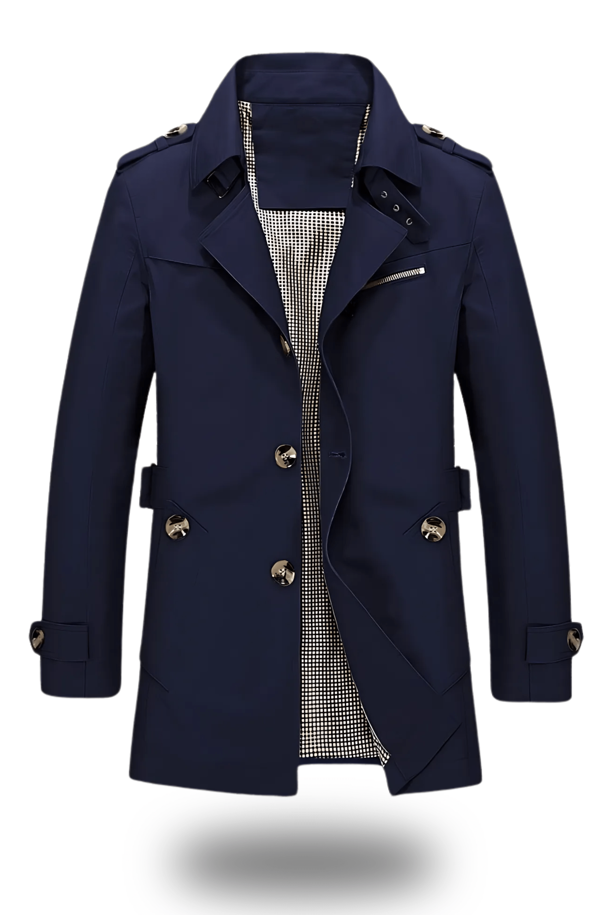 Manteau trench-coat bleu marine pour homme, élégant et moderne, avec boutons dorés et doublure à carreaux, idéal pour la mode automne-hiver.