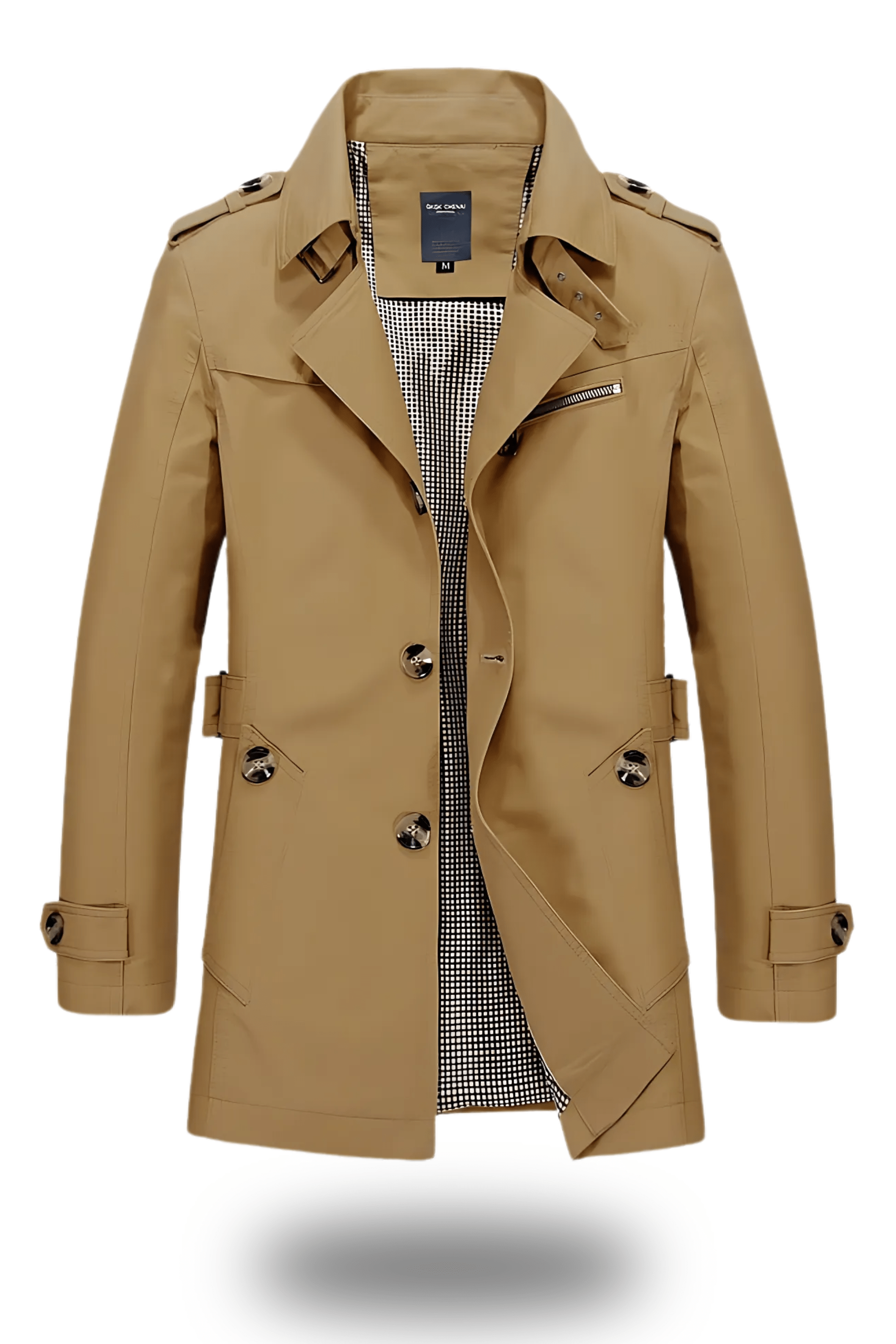 Trench-coat beige pour homme, style classique, double boutonnage, col à revers, ceinture ajustable, idéal pour mode automne et hiver.