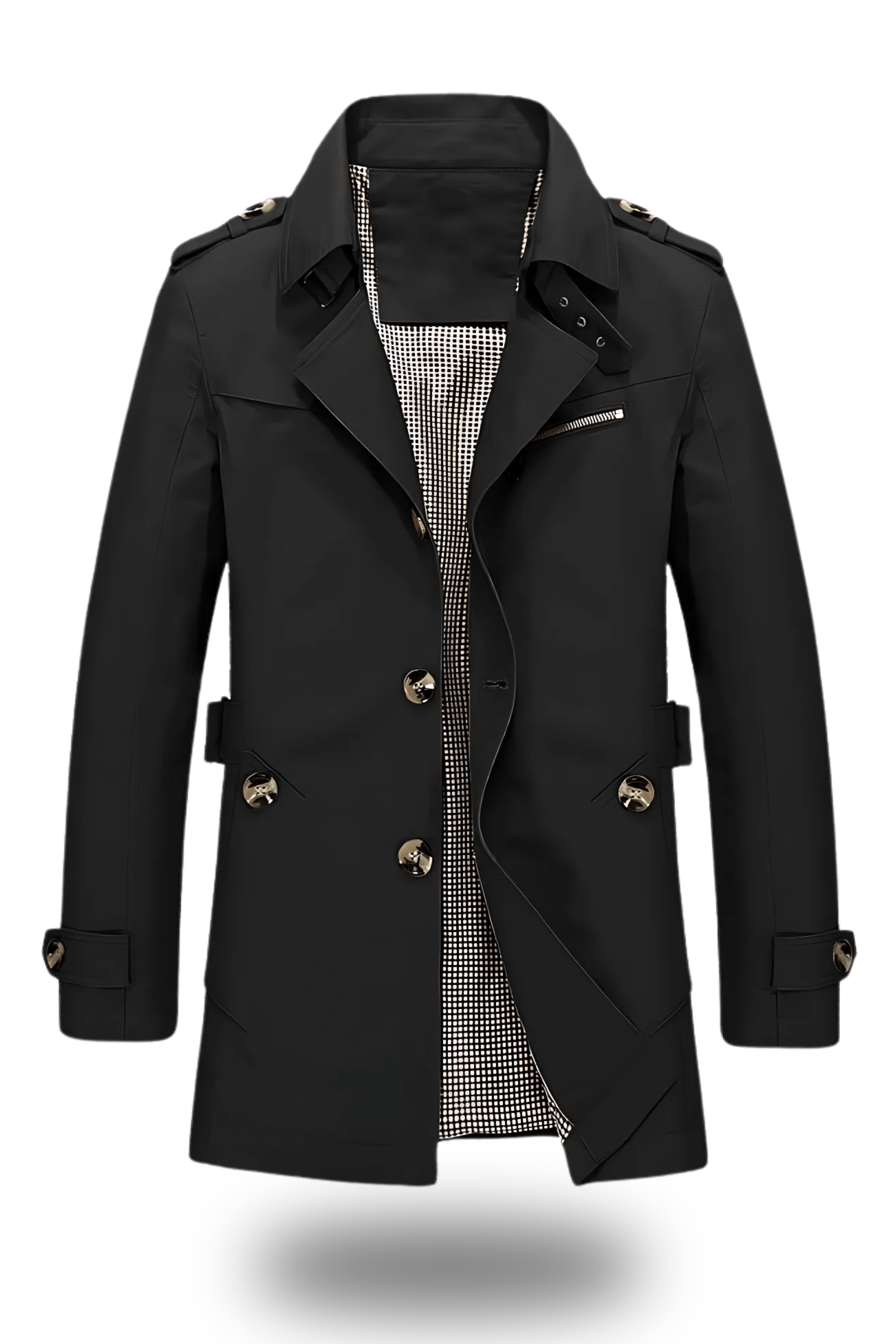 Manteau trench-coat noir élégant pour homme avec boutons dorés, doublure à carreaux, col à revers, idéal pour mode automne-hiver.