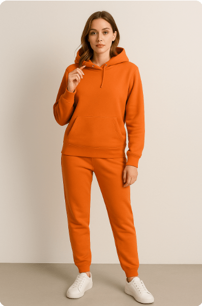 Femme portant un survêtement orange avec capuche, debout contre un mur beige, baskets blanches. Mode décontractée, tenue confortable, style automne.