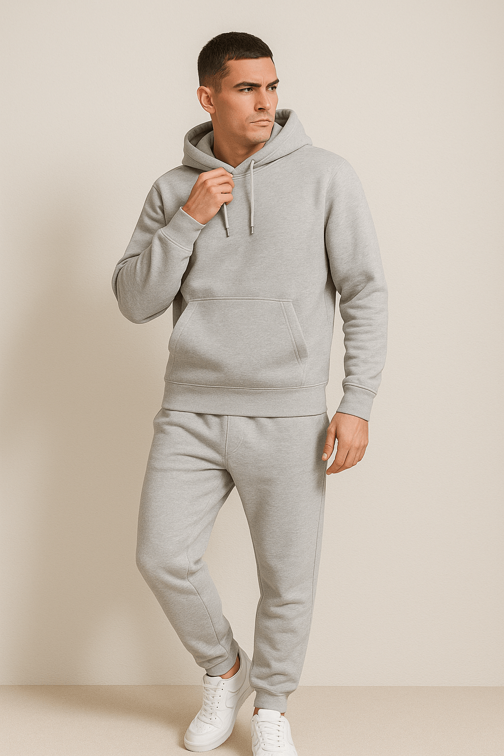 Homme portant un survêtement gris avec capuche, posant debout. Mode décontractée, style urbain, vêtements confortables, tendance automne-hiver.